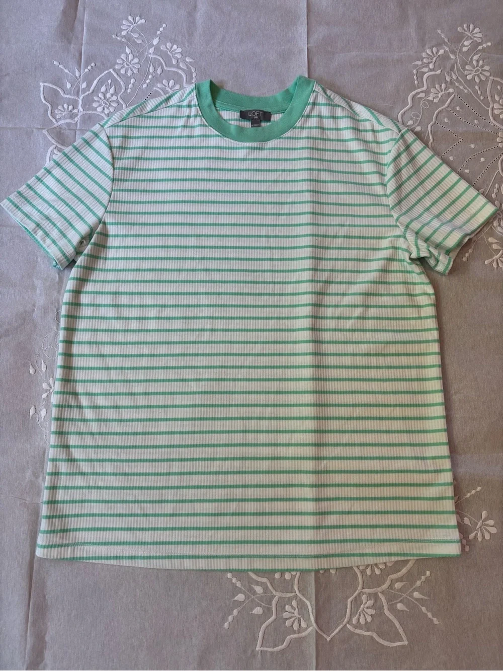LOFT 2 Piece Bike Short Pajama Set Green Striped Ribbed Jersey Knit Lounge Wear